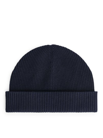 Short Ribbed Cotton Beanie - Blue