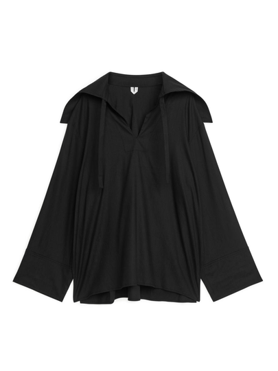 Linen Blend Pop-Over Sailor Shirt - Black
