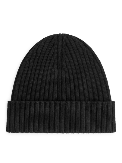 Ribbed Wool-Cotton Beanie - Black