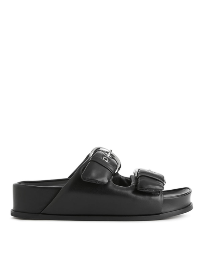 Buckled Leather Slides - Black