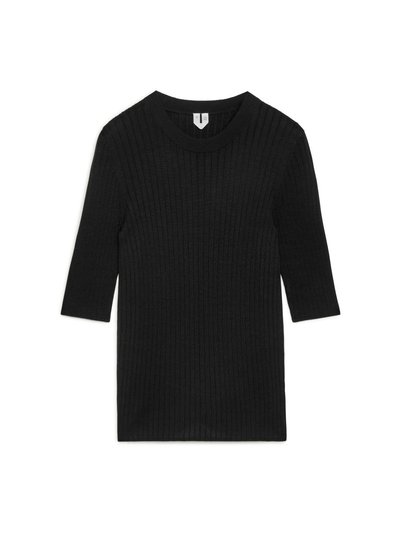 Cotton-Silk Short-Sleeved Top - Black