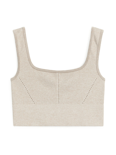 Mesh-Detail Seamless Ribbed Yoga Top - Beige