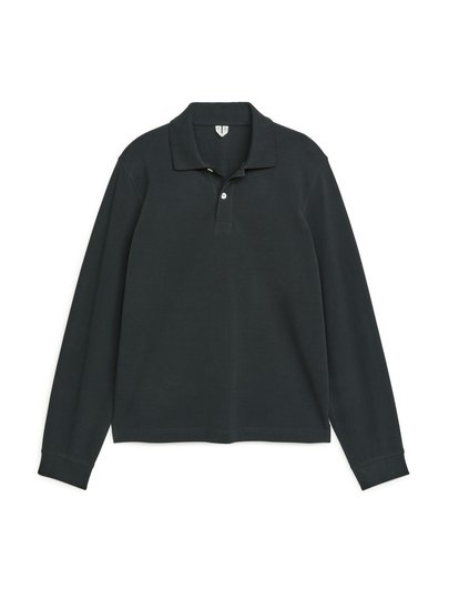 Long-Sleeved Piqué Polo Shirt - Black