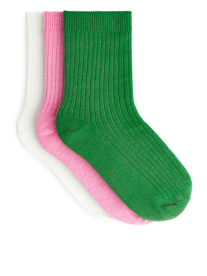 Rib Knit Socks, 3 Pairs - Pink