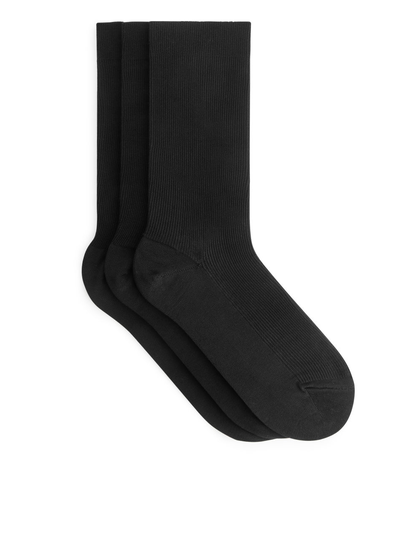 Mercerised Cotton Rib Socks Set of 3 - Black