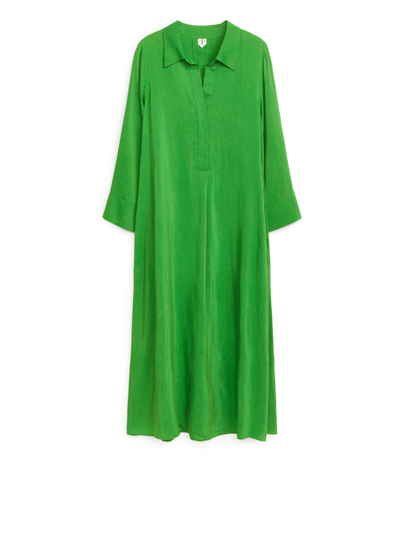 Long Linen Blend Dress - Green