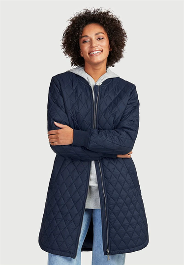 Quiltad, lång jacka
