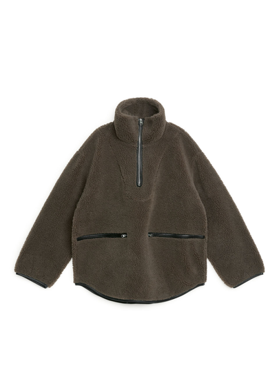 Leather Trimmed Pile Anorak - Beige