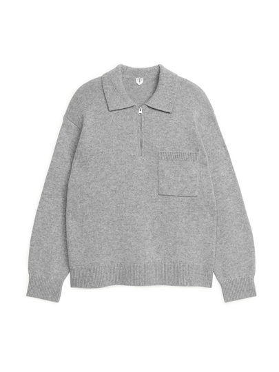 Knitted Wool Half-Zip Cardigan - Grey