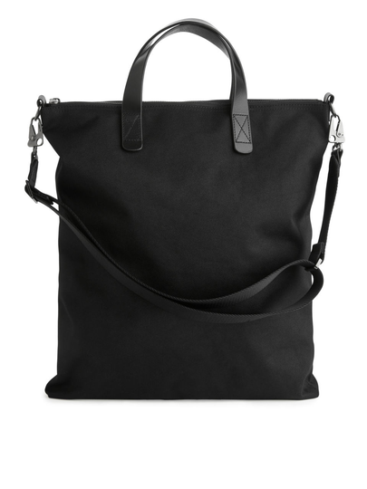 Leather-Detail Canvas Tote Bag - Black
