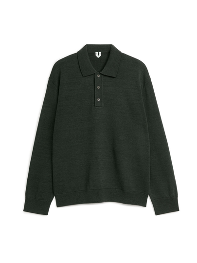 Long-Sleeved Merino Polo Shirt - Green
