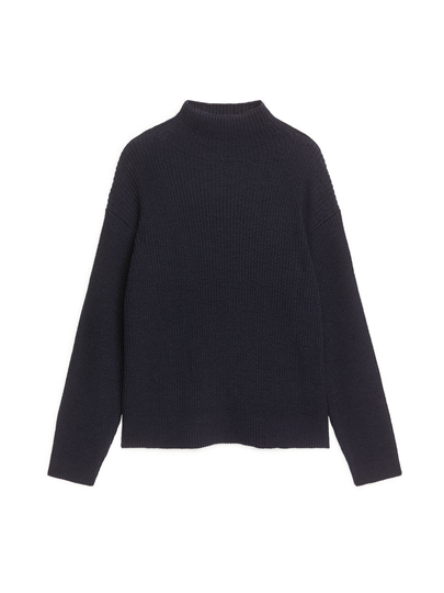 Rib-Knit High-Neck Jumper - Blue