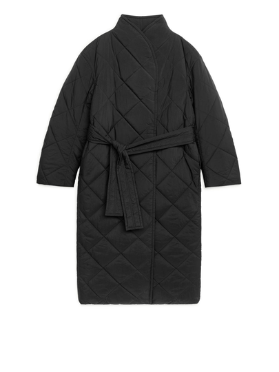 Quilted Shawl Collar Coat - Black