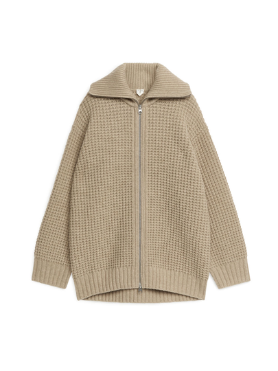 Waffle-Stitch Wool Cardigan - Beige