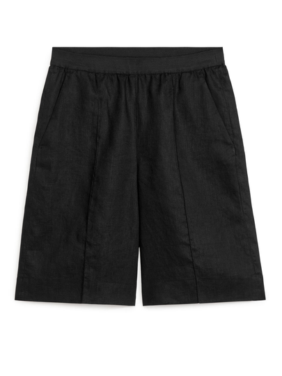 Knee-Length Linen Shorts - Black