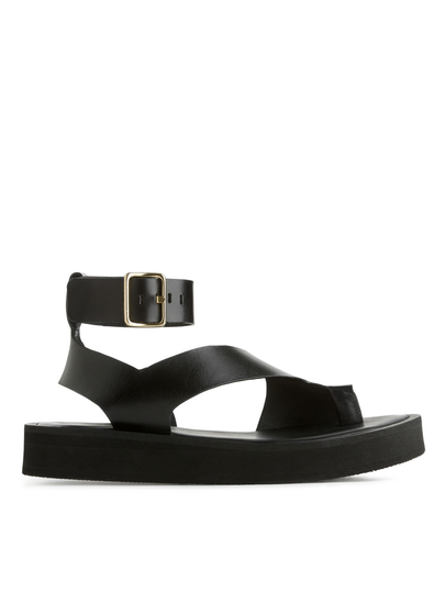 Flatform Leather Strap Sandals - Black