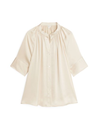 Short-Sleeve Satin Blouse - Beige