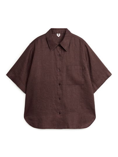 Short-Sleeved Linen Shirt - Brown