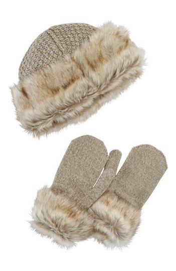 Cellbes Mössa och vantar med fuskpäls Beige