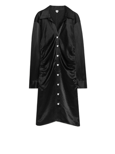 Gathered Satin Shirt Dress - Black