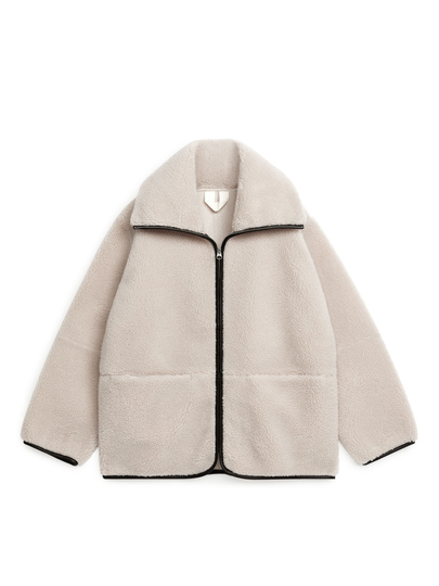 Leather Detailed Pile Jacket - Beige