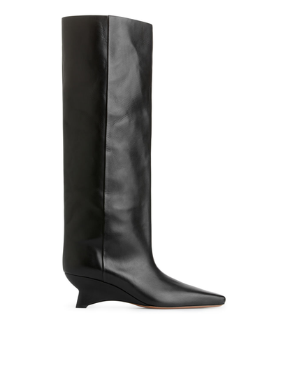 Wide-Shafted Leather Boots - Black