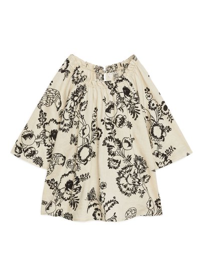 Gathered-Neck Linen Blouse - Beige