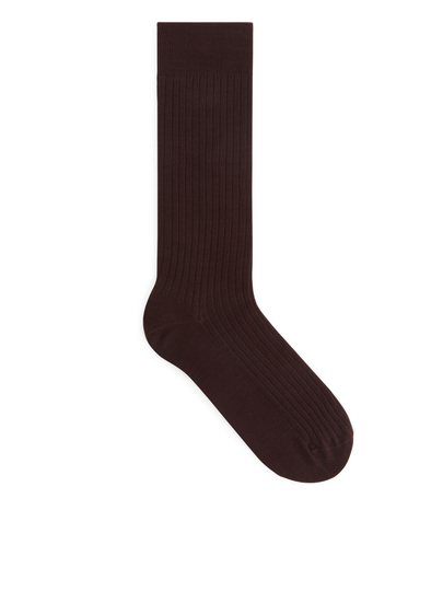 Rib-Knit Cotton Socks - Brown