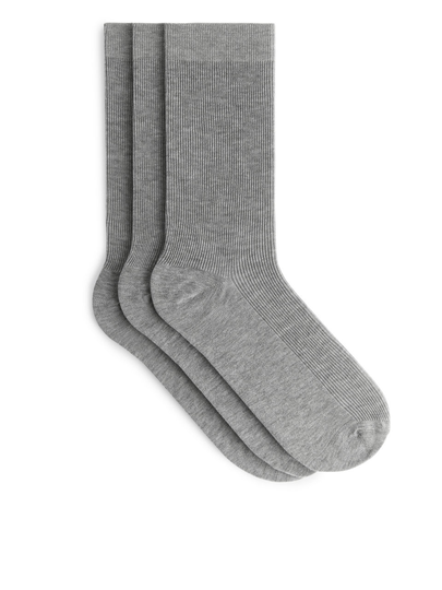 Mercerised Cotton Rib Socks Set of 3 - Grey