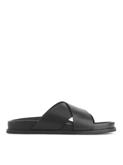 Criss-Cross Leather Slide Sandals - Black