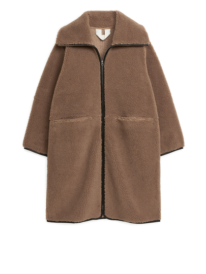 Leather Detailed Pile Coat - Beige