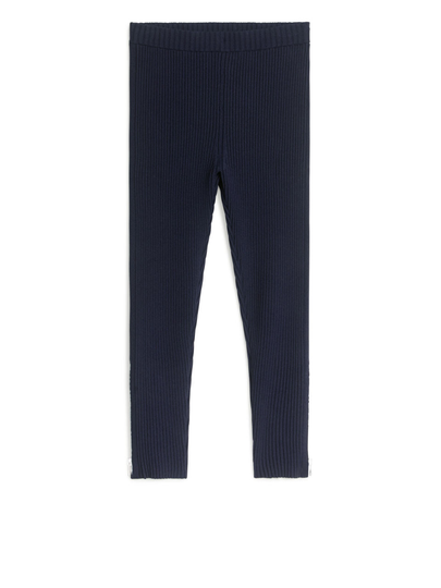 Zip-Detail Ribbed Leggings - Blue