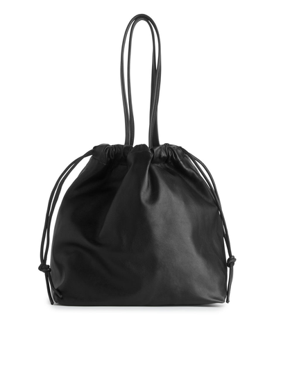 Leather Drawstring Tote Bag - Black