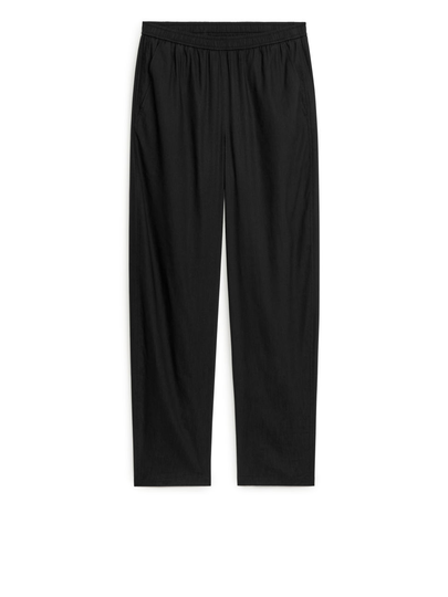 Barrel Leg Linen Blend Trousers - Black