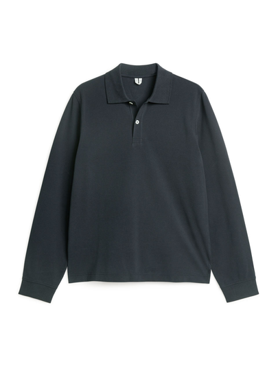 Long-Sleeved Piqué Polo Shirt - Blue