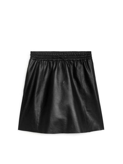 Drawstring Leather Skirt - Black
