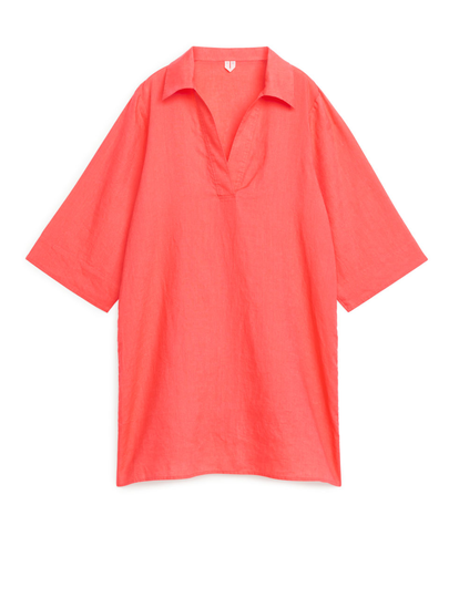 Resort Collar Linen Dress - Red