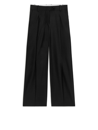 Wide Wool Blend Trousers - Black