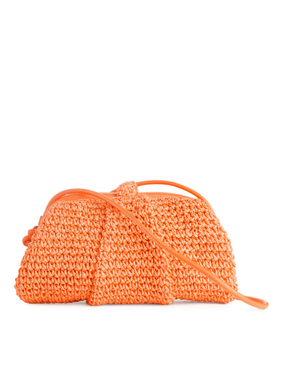 Leather Trimmed Straw Clutch - Orange