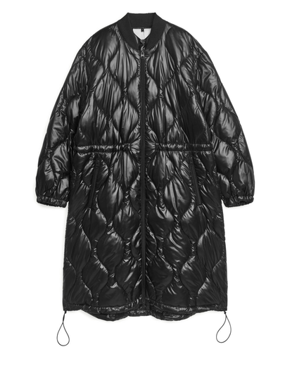 Shiny Quilted Parka - Black