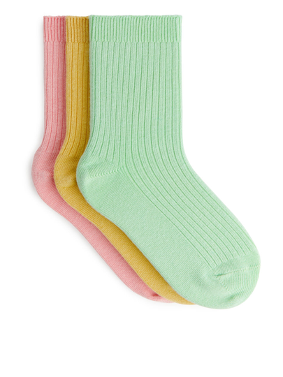 Rib Knit Socks, 3 Pairs - Pink