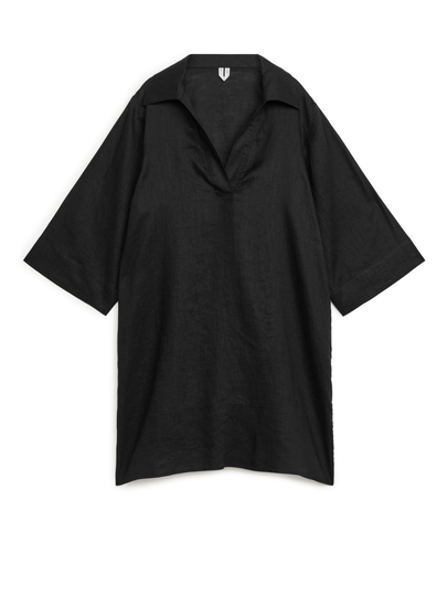 Resort Collar Linen Dress - Black