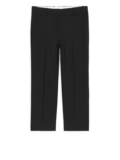 Cropped Wool Blend Twill Trousers - Black