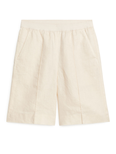 Knee-Length Linen Shorts - Beige
