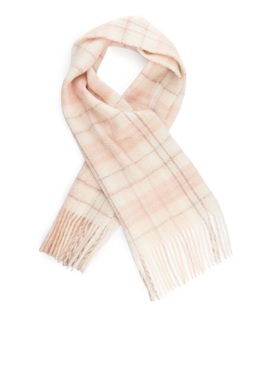 Check-Pattern Wool Scarf - White