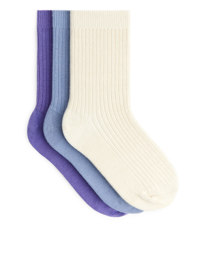 Rib Knit Socks, 3 Pairs - Purple