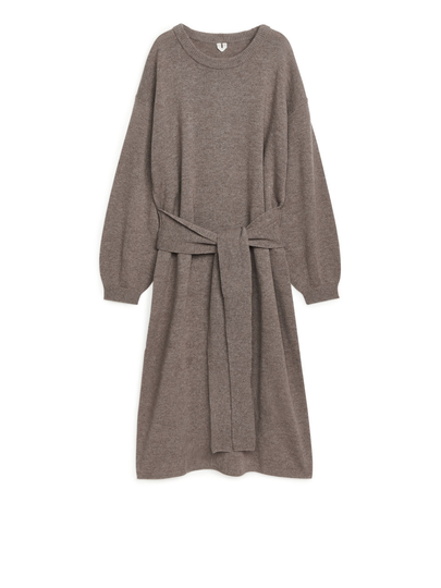 Knot-Detail Knitted Wool Dress - Brown