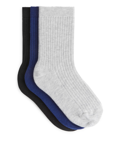 Rib Knit Socks, 3 Pairs - Black