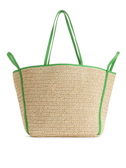 Leather Detailed Straw Tote - Green