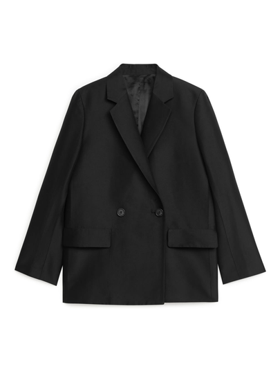 Double Breasted Satin Blazer - Black
